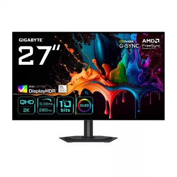 GIGABYTE MO27Q28G 27 palcov OLED QHD herný monitor – 2560 x 1440, 280 Hz, 0,03 ms, 335 cd/m², DisplayHDR True Black 500, HDMI 2.1, DisplayPort 1.4