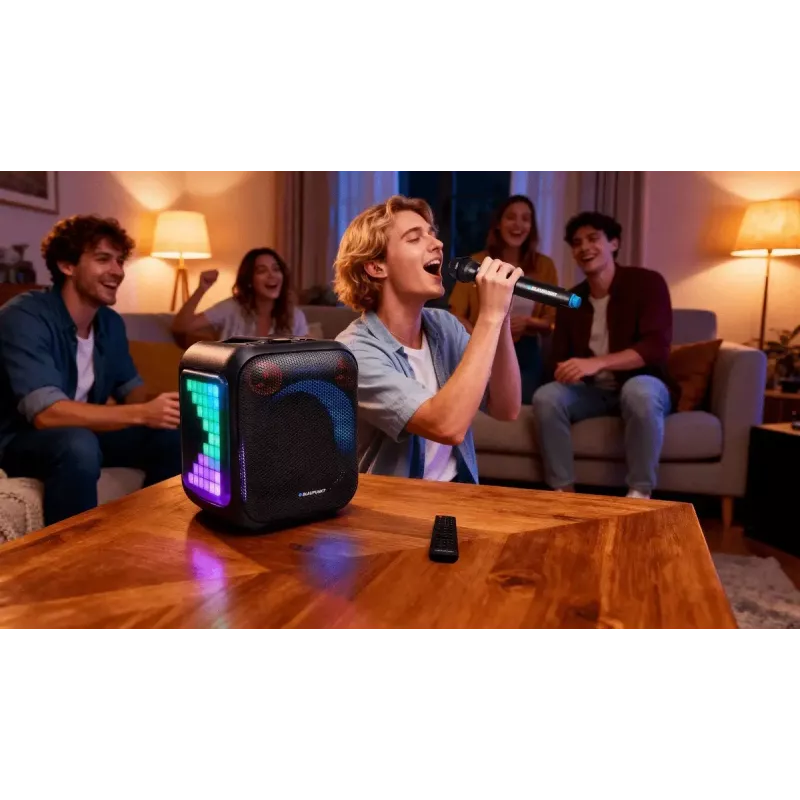 Interiérový/exteriérový reproduktorový systém BLAUPUNKT PB6LED — 40 W RMS, Bluetooth, FM, microSD, LED displej, 4500 mAh batéria