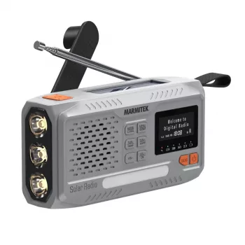 Prenosné kľukové rádio Marmitek RESQ 100 — DAB/DAB+/FM, 3 W, LCD, USB-C, 3,5-mm jack, svetlosivá