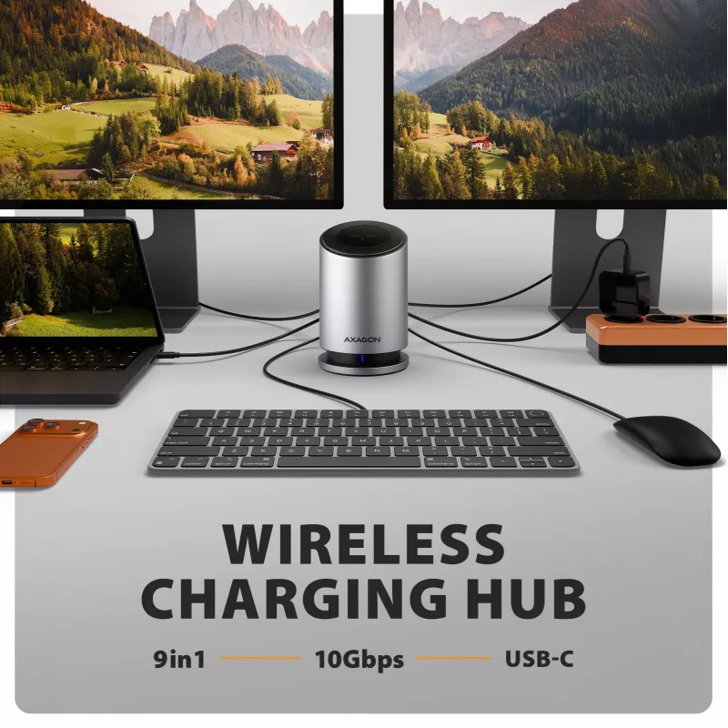 AXAGON HMC-WL9 USB-C 9-in-1 dokovacia stanica s 10 Gbit/s, 100W PD, 8K HDMI, Ethernet, bezdrôtové nabíjanie