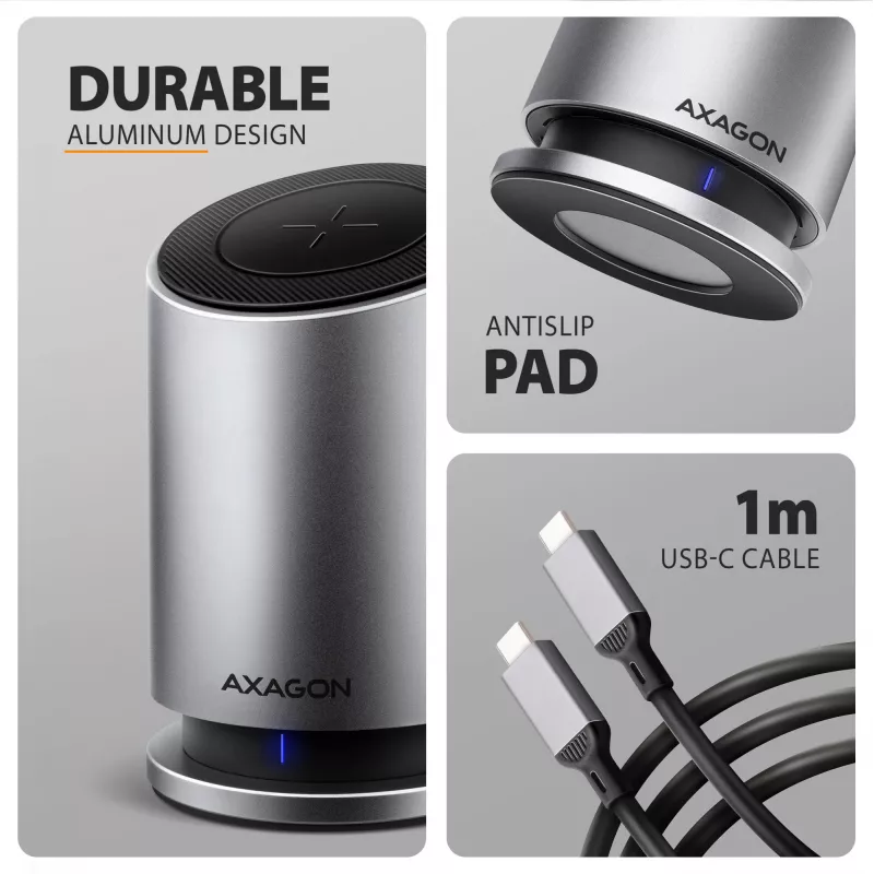 AXAGON HMC-WL9 USB-C 9-in-1 dokovacia stanica s 10 Gbit/s, 100W PD, 8K HDMI, Ethernet, bezdrôtové nabíjanie