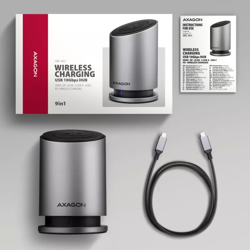 AXAGON HMC-WL9 USB-C 9-in-1 dokovacia stanica s 10 Gbit/s, 100W PD, 8K HDMI, Ethernet, bezdrôtové nabíjanie