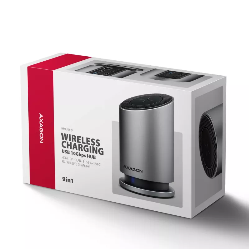 AXAGON HMC-WL9 USB-C 9-in-1 dokovacia stanica s 10 Gbit/s, 100W PD, 8K HDMI, Ethernet, bezdrôtové nabíjanie