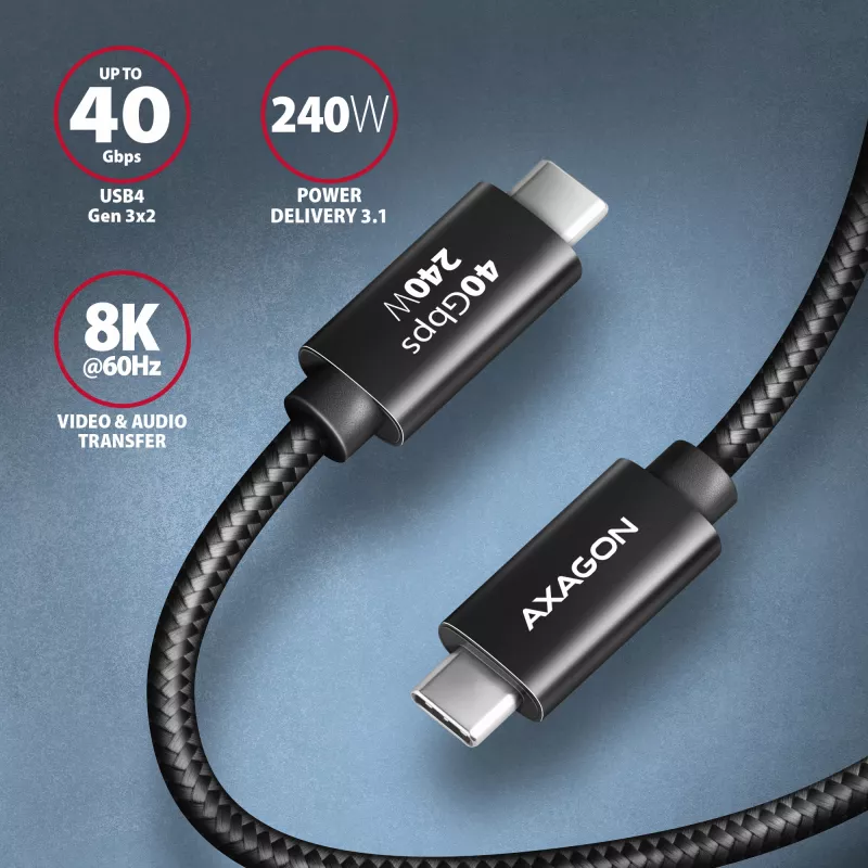 Kábel USB-C na USB-C AXAGON BUCM4X-CM05AB — USB4 Gen 3x2, 40 Gbit/s, 240 W, 0,5 m, čierny