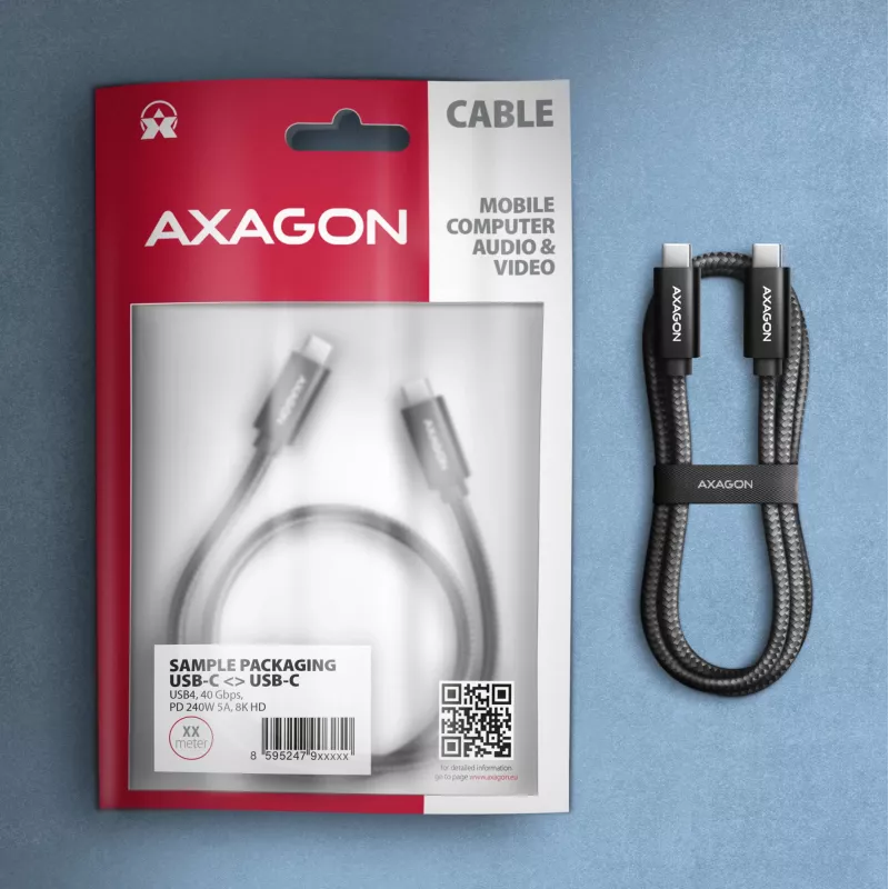 Kábel USB-C na USB-C AXAGON BUCM4X-CM05AB — USB4 Gen 3x2, 40 Gbit/s, 240 W, 0,5 m, čierny