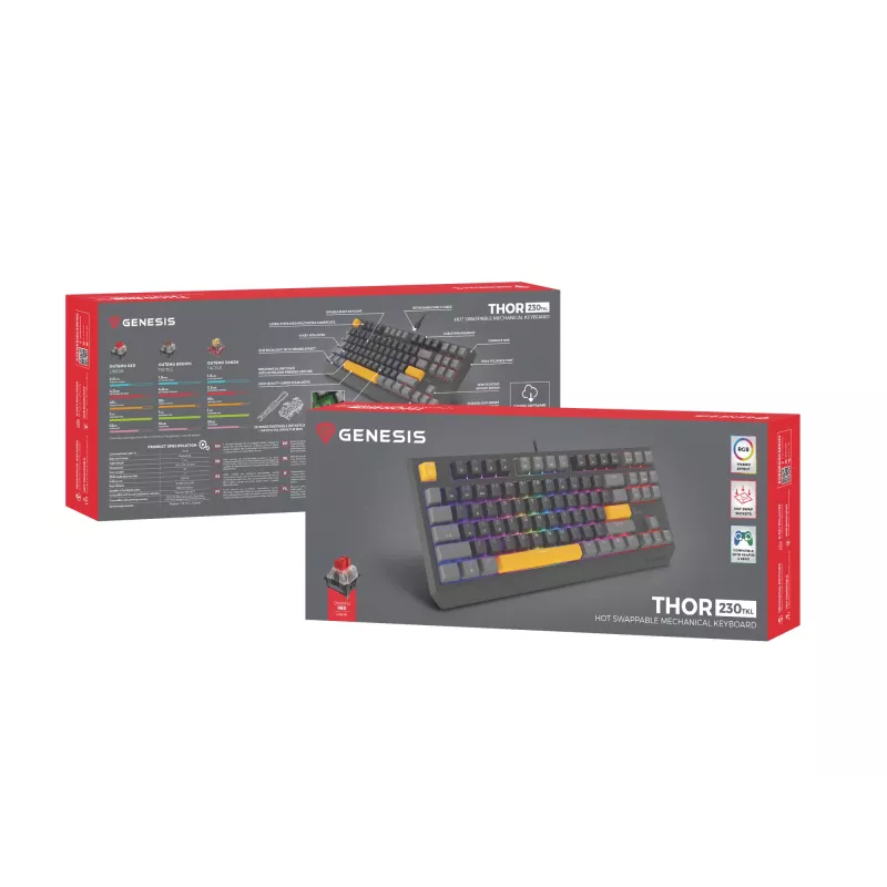 GENESIS Thor 230 TKL klávesnica Gaming USB + RF Wireless + Bluetooth QWERTY čierna, sivá, oranžová