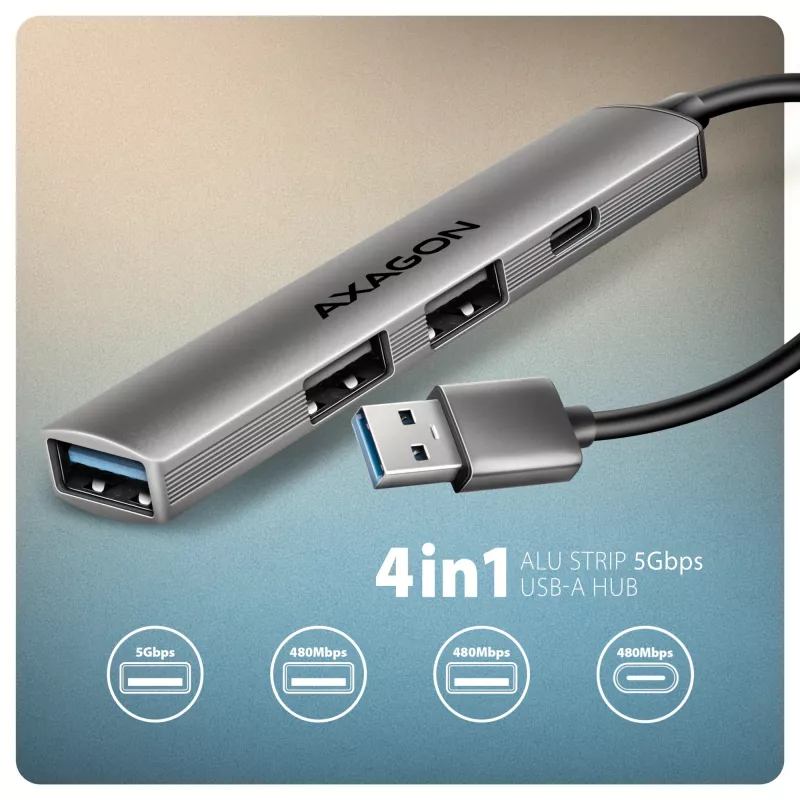 USB hub AXAGON HUE-STA — 4-portový hliníkový pás, 1× USB-A 5 Gbit/s + 2× USB-A & 1× USB-C 480 Mbit/s, USB-A host, sivý