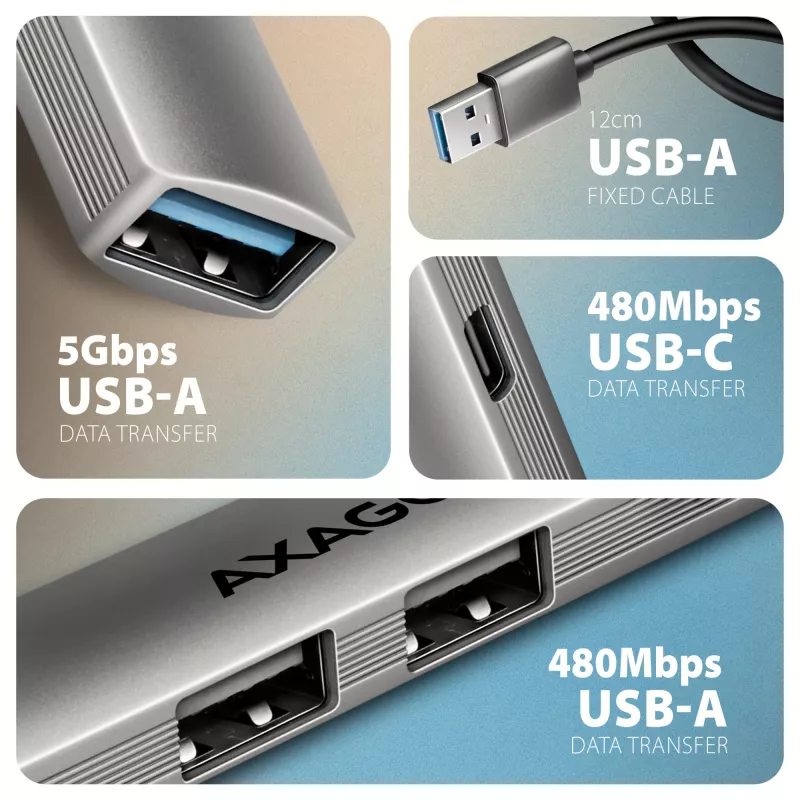 USB hub AXAGON HUE-STA — 4-portový hliníkový pás, 1× USB-A 5 Gbit/s + 2× USB-A & 1× USB-C 480 Mbit/s, USB-A host, sivý