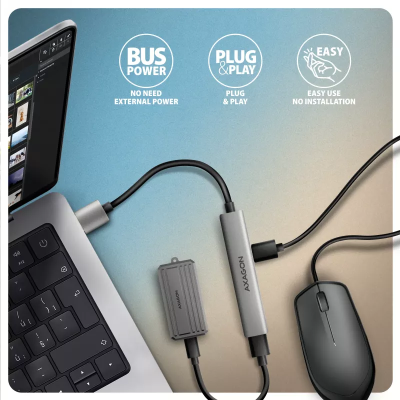 USB hub AXAGON HUE-STA — 4-portový hliníkový pás, 1× USB-A 5 Gbit/s + 2× USB-A & 1× USB-C 480 Mbit/s, USB-A host, sivý