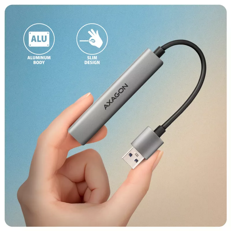 USB hub AXAGON HUE-STA — 4-portový hliníkový pás, 1× USB-A 5 Gbit/s + 2× USB-A & 1× USB-C 480 Mbit/s, USB-A host, sivý