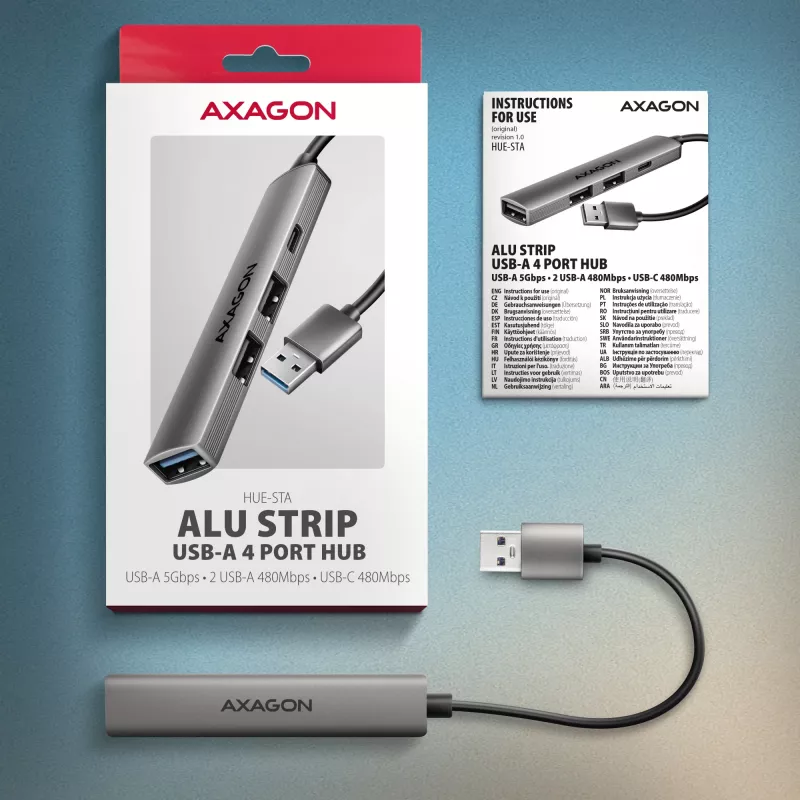USB hub AXAGON HUE-STA — 4-portový hliníkový pás, 1× USB-A 5 Gbit/s + 2× USB-A & 1× USB-C 480 Mbit/s, USB-A host, sivý