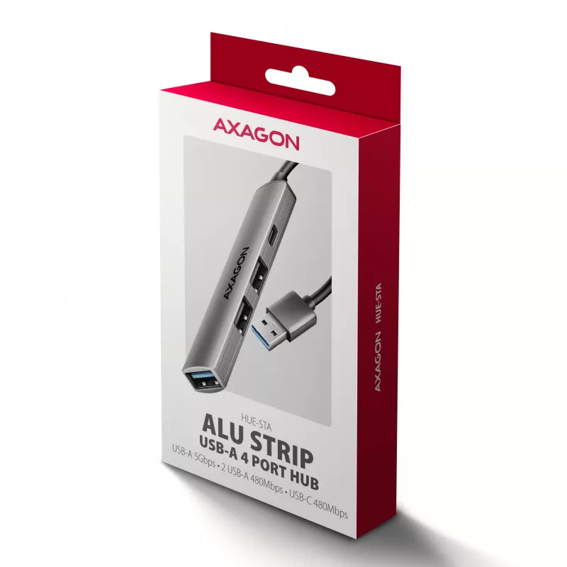 USB hub AXAGON HUE-STA — 4-portový hliníkový pás, 1× USB-A 5 Gbit/s + 2× USB-A & 1× USB-C 480 Mbit/s, USB-A host, sivý