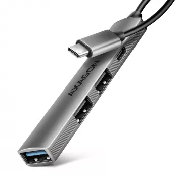 USB hub AXAGON HUE-STC, 4-portový hliníkový pás, 1x USB-A 5 Gbit/s + 2x USB-A & 1x USB-C 480 Mbit/s, USB-C host, 12 cm kábel, sivý