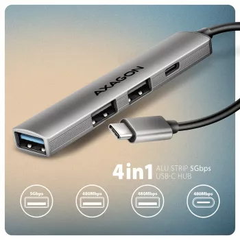 USB hub AXAGON HUE-STC, 4-portový hliníkový pás, 1x USB-A 5 Gbit/s + 2x USB-A & 1x USB-C 480 Mbit/s, USB-C host, 12 cm kábel, sivý