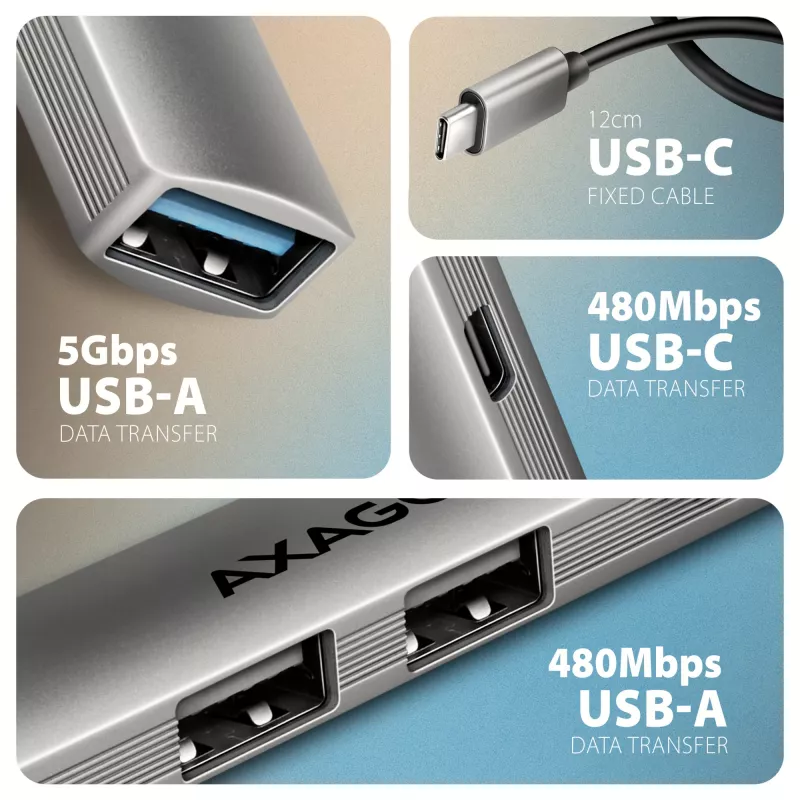 USB hub AXAGON HUE-STC, 4-portový hliníkový pás, 1x USB-A 5 Gbit/s + 2x USB-A & 1x USB-C 480 Mbit/s, USB-C host, 12 cm kábel, sivý