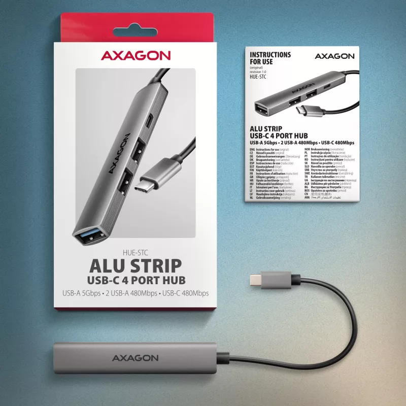 USB hub AXAGON HUE-STC, 4-portový hliníkový pás, 1x USB-A 5 Gbit/s + 2x USB-A & 1x USB-C 480 Mbit/s, USB-C host, 12 cm kábel, sivý