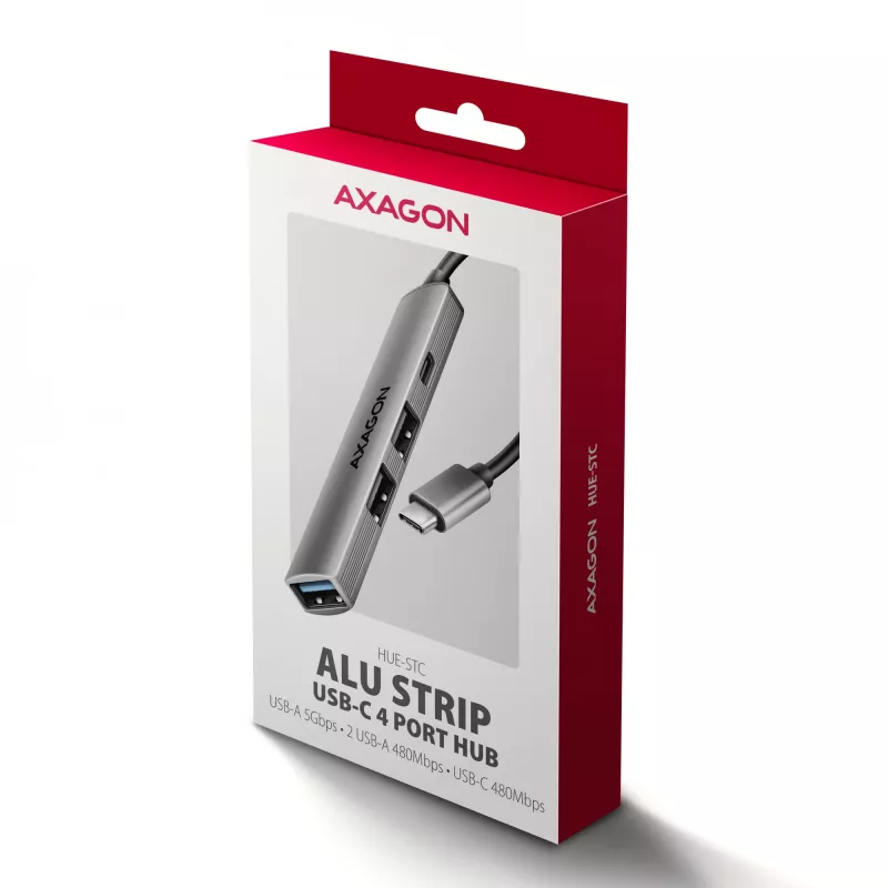 USB hub AXAGON HUE-STC, 4-portový hliníkový pás, 1x USB-A 5 Gbit/s + 2x USB-A & 1x USB-C 480 Mbit/s, USB-C host, 12 cm kábel, sivý