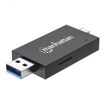 Manhattan USB-A / USB-C kombinovaná multi čítačka/zapisovačka kariet, 5 Gbit/s (USB 3.2 Gen1 alias USB 3.0), konektor samec na microSD a SD/MMC sloty, mini formát, SuperSpeed USB, Windows alebo Mac, čierna/transparentná, trojročná záruka