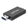 Manhattan USB-A / USB-C kombinovaná multi čítačka/zapisovačka kariet, 5 Gbit/s (USB 3.2 Gen1 alias USB 3.0), konektor samec na microSD a SD/MMC sloty, mini formát, SuperSpeed USB, Windows alebo Mac, čierna/transparentná, trojročná záruka