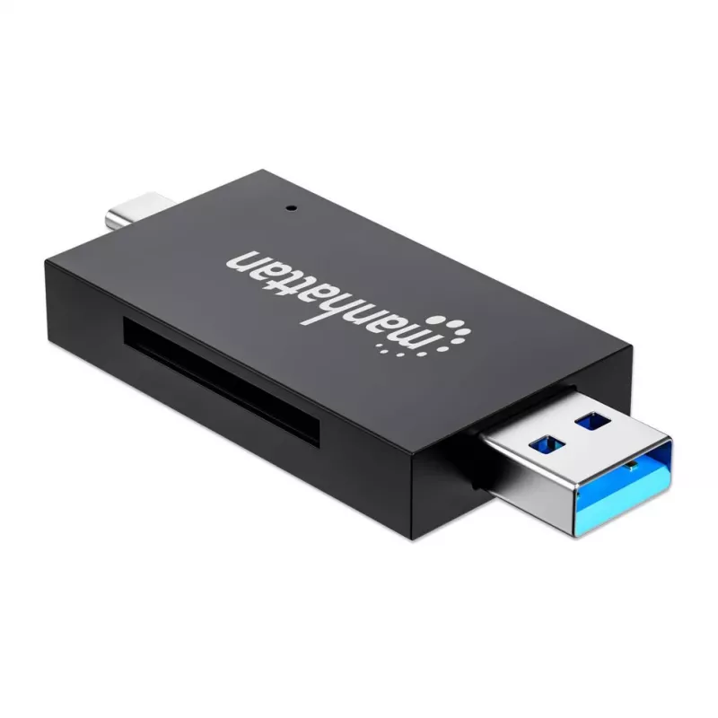 Manhattan USB-A / USB-C kombinovaná multi čítačka/zapisovačka kariet, 5 Gbit/s (USB 3.2 Gen1 alias USB 3.0), konektor samec na microSD a SD/MMC sloty, mini formát, SuperSpeed USB, Windows alebo Mac, čierna/transparentná, trojročná záruka