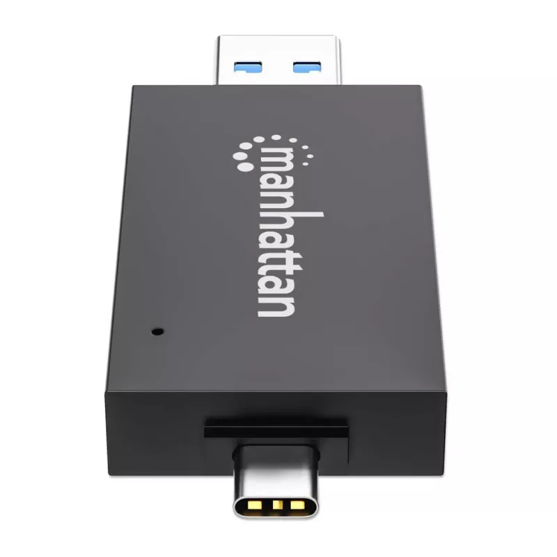 Manhattan USB-A / USB-C kombinovaná multi čítačka/zapisovačka kariet, 5 Gbit/s (USB 3.2 Gen1 alias USB 3.0), konektor samec na microSD a SD/MMC sloty, mini formát, SuperSpeed USB, Windows alebo Mac, čierna/transparentná, trojročná záruka