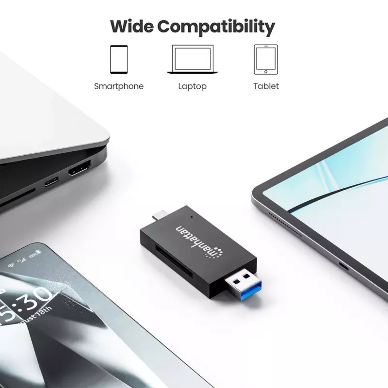 Manhattan USB-A / USB-C kombinovaná multi čítačka/zapisovačka kariet, 5 Gbit/s (USB 3.2 Gen1 alias USB 3.0), konektor samec na microSD a SD/MMC sloty, mini formát, SuperSpeed USB, Windows alebo Mac, čierna/transparentná, trojročná záruka