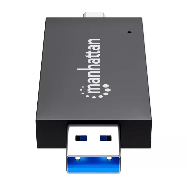 Manhattan USB-A / USB-C kombinovaná multi čítačka/zapisovačka kariet, 5 Gbit/s (USB 3.2 Gen1 alias USB 3.0), konektor samec na microSD a SD/MMC sloty, mini formát, SuperSpeed USB, Windows alebo Mac, čierna/transparentná, trojročná záruka