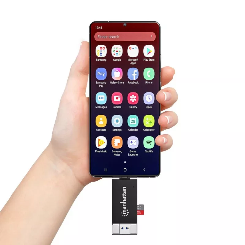 Manhattan USB-A / USB-C kombinovaná multi čítačka/zapisovačka kariet, 5 Gbit/s (USB 3.2 Gen1 alias USB 3.0), konektor samec na microSD a SD/MMC sloty, mini formát, SuperSpeed USB, Windows alebo Mac, čierna/transparentná, trojročná záruka