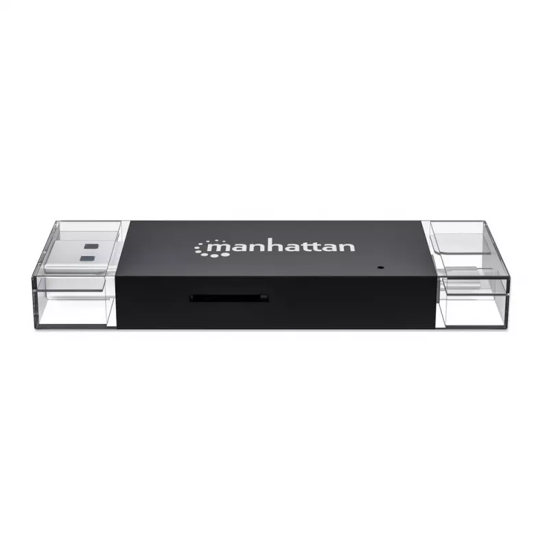Manhattan USB-A / USB-C kombinovaná multi čítačka/zapisovačka kariet, 5 Gbit/s (USB 3.2 Gen1 alias USB 3.0), konektor samec na microSD a SD/MMC sloty, mini formát, SuperSpeed USB, Windows alebo Mac, čierna/transparentná, trojročná záruka