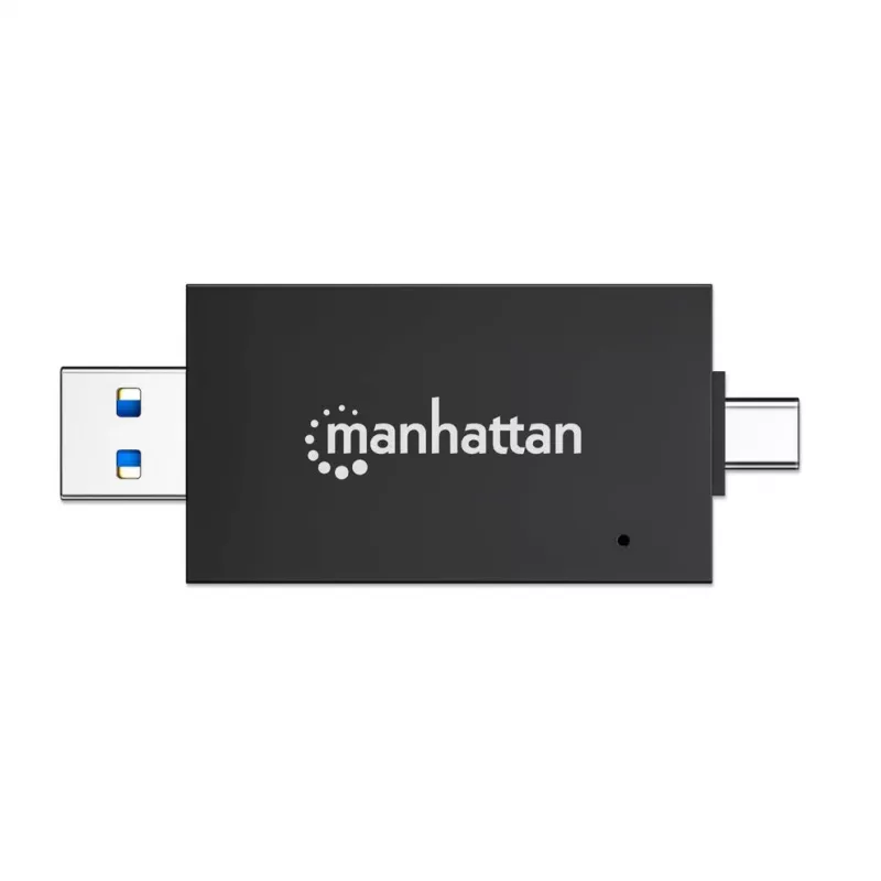 Manhattan USB-A / USB-C kombinovaná multi čítačka/zapisovačka kariet, 5 Gbit/s (USB 3.2 Gen1 alias USB 3.0), konektor samec na microSD a SD/MMC sloty, mini formát, SuperSpeed USB, Windows alebo Mac, čierna/transparentná, trojročná záruka