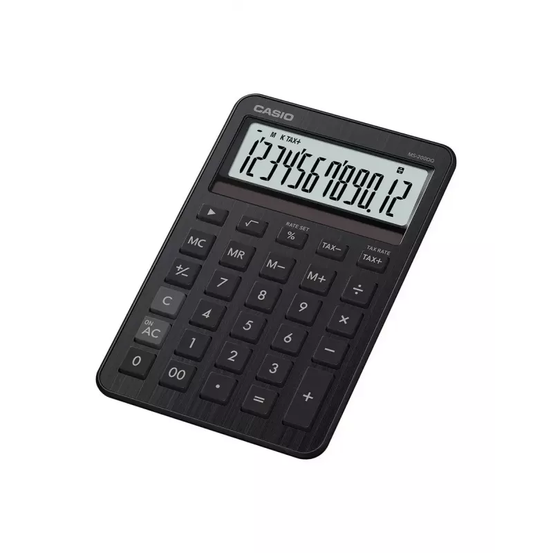 Stolná kalkulačka CASIO MS-200DQ — Basic, 12-miestna, batéria/solár, daňové & ziskové funkcie, čierna