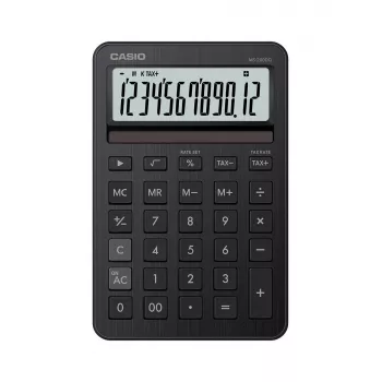 Stolná kalkulačka CASIO MS-200DQ — Basic, 12-miestna, batéria/solár, daňové & ziskové funkcie, čierna