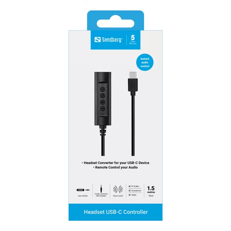 Sandberg headset USB-C ovládač, 1,5 m, ovládač, 25 g, čierny