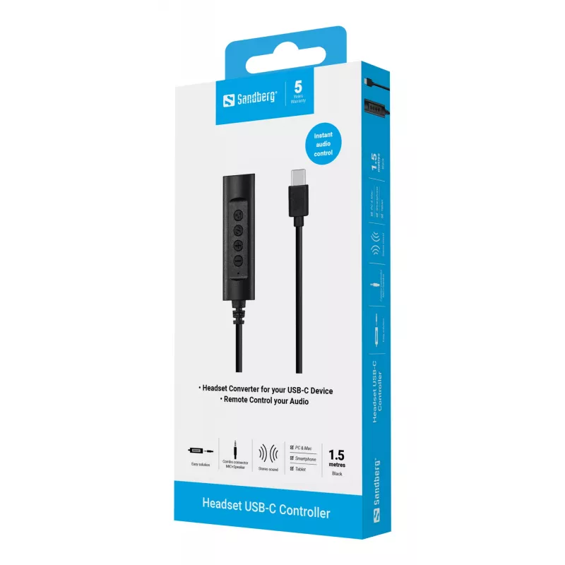 Sandberg headset USB-C ovládač, 1,5 m, ovládač, 25 g, čierny