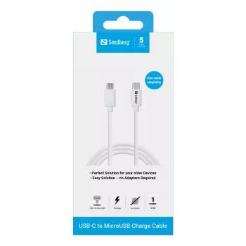 Sandberg USB-C>MicroUSB nabíjací kábel 1m, 1 m, USB C, Micro-USB B, biely