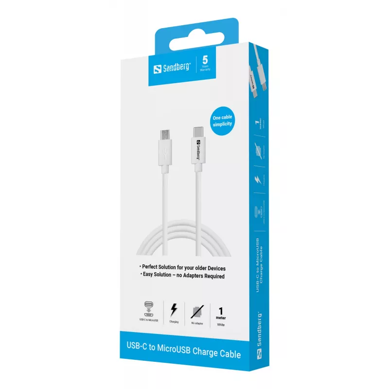 Sandberg USB-C>MicroUSB nabíjací kábel 1m, 1 m, USB C, Micro-USB B, biely