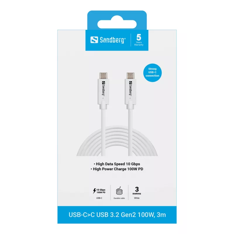 Sandberg USB-C na USB-C USB 3.2 Gen2 100W, 3m, 3 m, USB C, USB C, USB 3.2 Gen 2 (3.1 Gen 2), 10 Gbit/s, biely