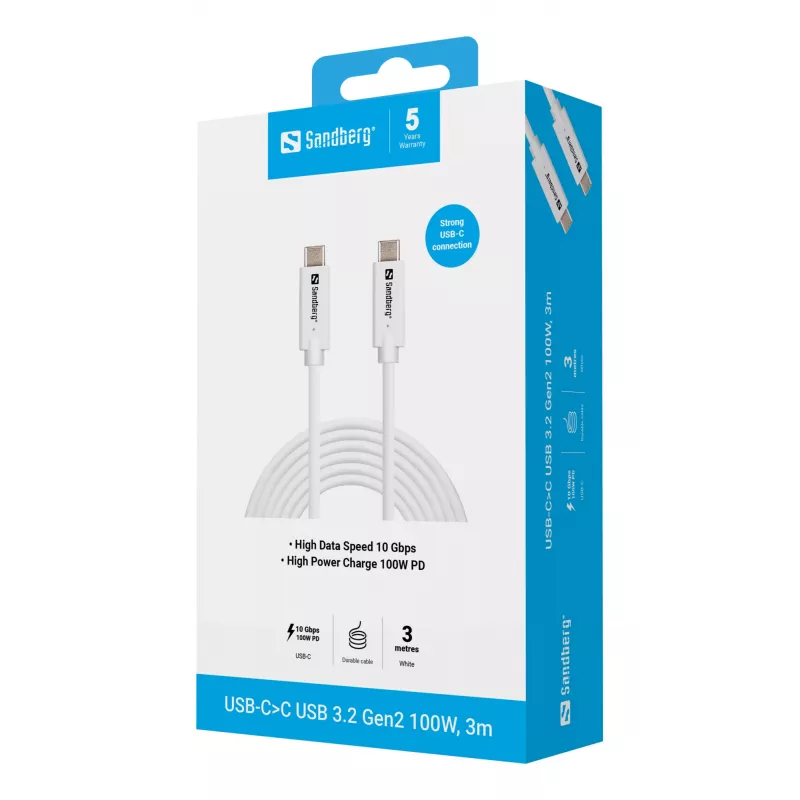 Sandberg USB-C na USB-C USB 3.2 Gen2 100W, 3m, 3 m, USB C, USB C, USB 3.2 Gen 2 (3.1 Gen 2), 10 Gbit/s, biely