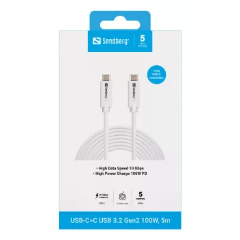Sandberg USB-C>C USB 3.2 Gen2 100W, 5m, 5 m, USB C, USB C, USB 3.2 Gen 2 (3.1 Gen 2), 10 Gbit/s, biely