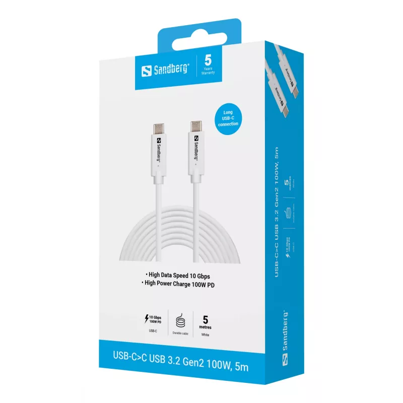 Sandberg USB-C>C USB 3.2 Gen2 100W, 5m, 5 m, USB C, USB C, USB 3.2 Gen 2 (3.1 Gen 2), 10 Gbit/s, biely