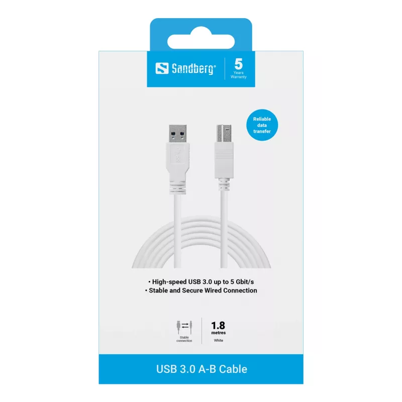 Sandberg USB 3.0 A-B kábel 1,8 m, 1,8 m, USB A, USB B, USB 3.2 Gen 1 (3.1 Gen 1), 5 Gbit/s, biely