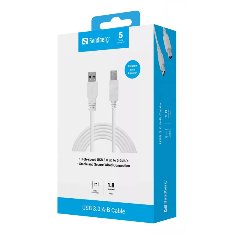 Sandberg USB 3.0 A-B kábel 1,8 m, 1,8 m, USB A, USB B, USB 3.2 Gen 1 (3.1 Gen 1), 5 Gbit/s, biely