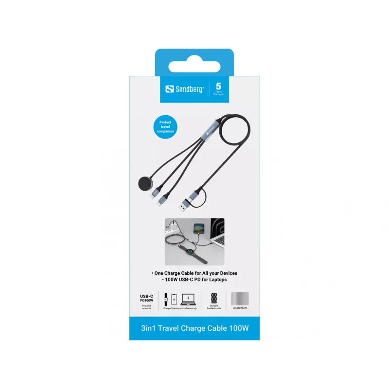 Sandberg 3in1 Travel Charge kábel 100W, 1,2 m, USB A/USB C, čierny