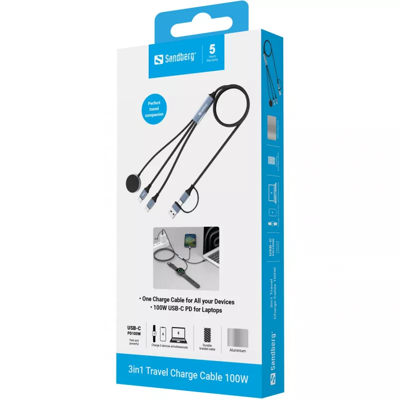 Sandberg 3in1 Travel Charge kábel 100W, 1,2 m, USB A/USB C, čierny