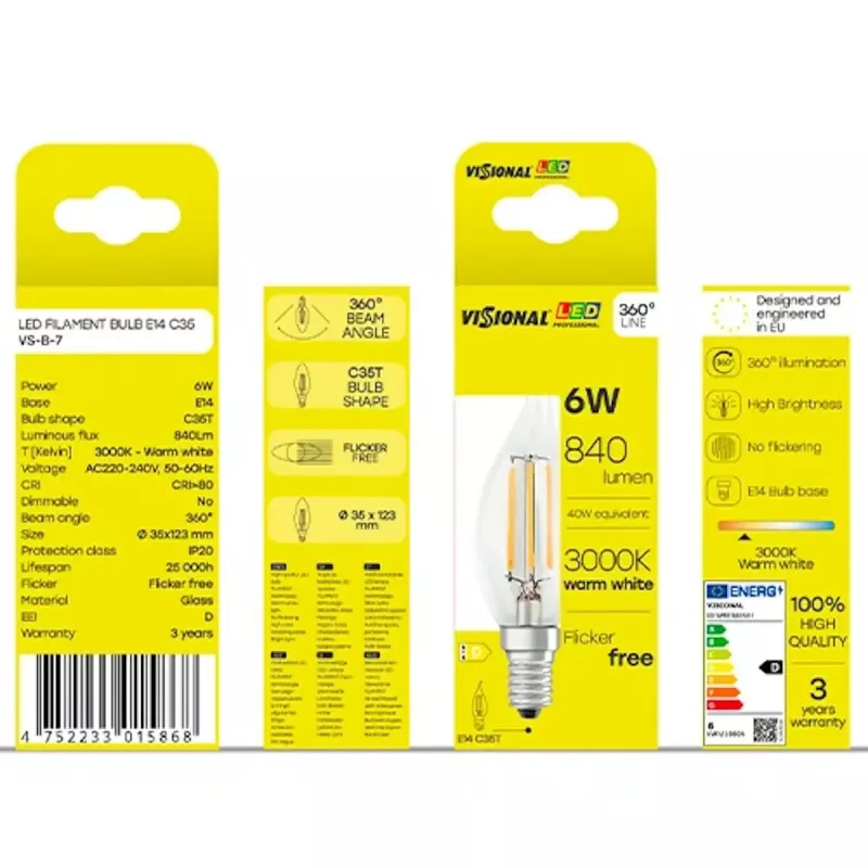 LED žiarovka VISIONAL VS-B-7 6W, 840 lm, 3000K