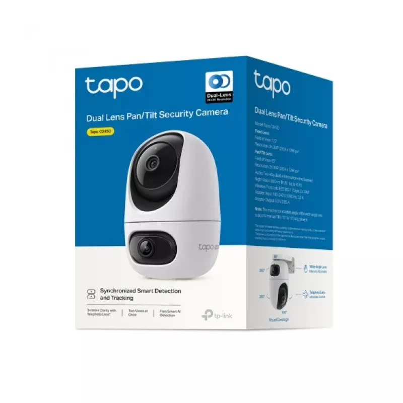 IP kamera TP-Link Tapo C245D 2304×1296, 3,1 mm objektív, 104,3° hor., montáž na strop/stenu, bezdrôtová, interiér, biela