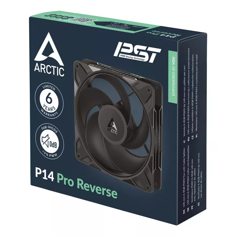 ARCTIC Freezer P14 Pro Reverse – balenie 3 ks – 140 mm A-RGB PWM ventilátor s káblovým rozbočovačom