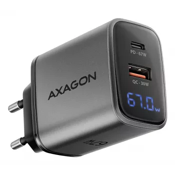 Nástenná nabíjačka AXAGON ACU-PQ67D, 67W, USB-C PD3.0 + USB-A QC4+, 2 výstupy, LCD displej, 100–240V