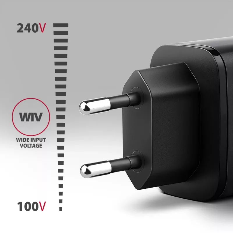 Nástenná nabíjačka AXAGON ACU-PQ67D, 67W, USB-C PD3.0 + USB-A QC4+, 2 výstupy, LCD displej, 100–240V