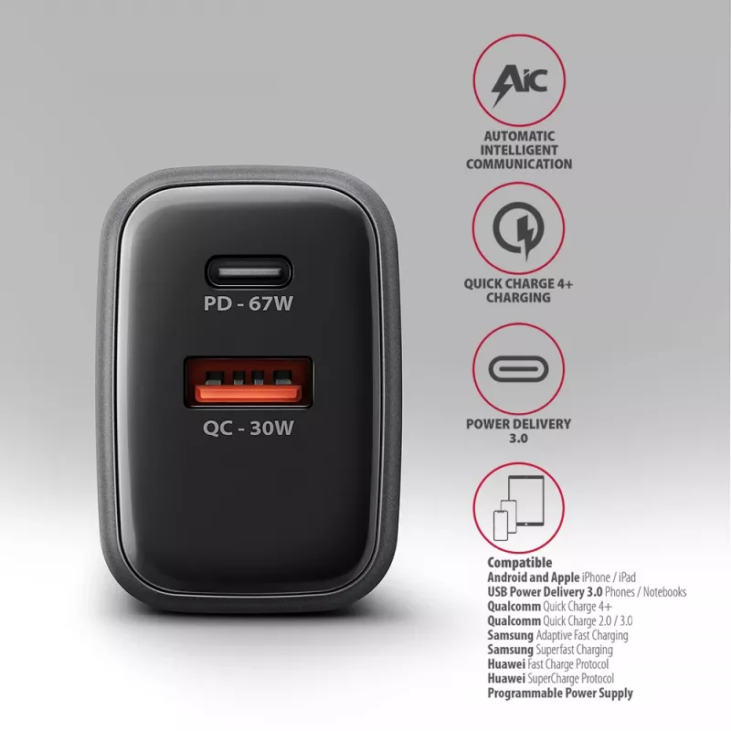 Nástenná nabíjačka AXAGON ACU-PQ67D, 67W, USB-C PD3.0 + USB-A QC4+, 2 výstupy, LCD displej, 100–240V